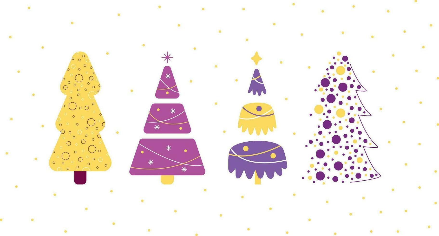 Set of christmas trees with purple and yellow decorations vector