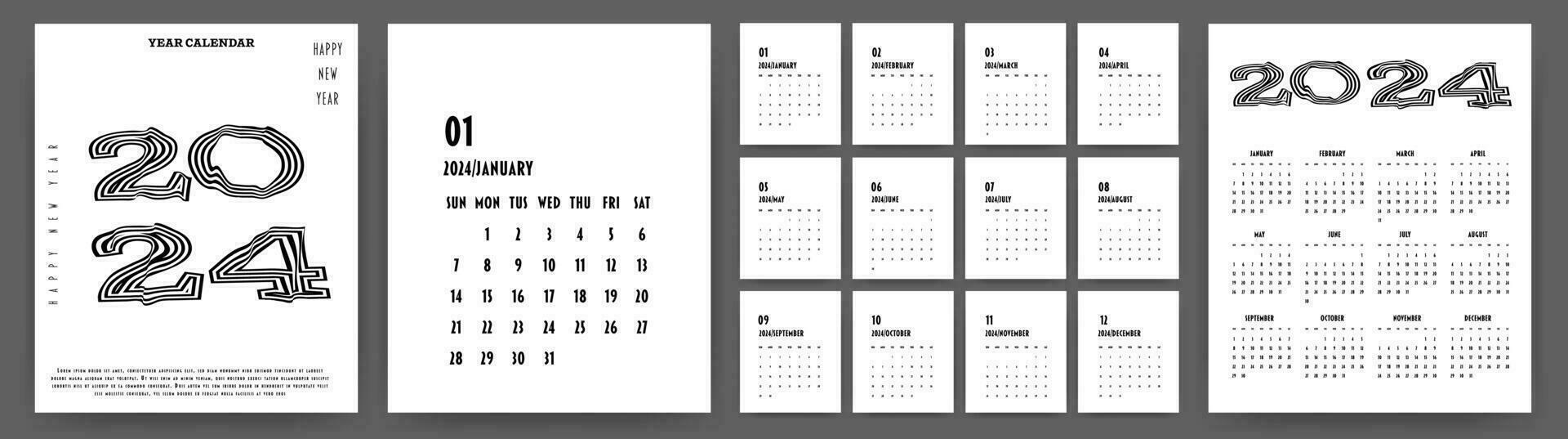 Calendar 2024 year. Week starts on Sunday. Design for planner, printing, stationery, organizer. vector