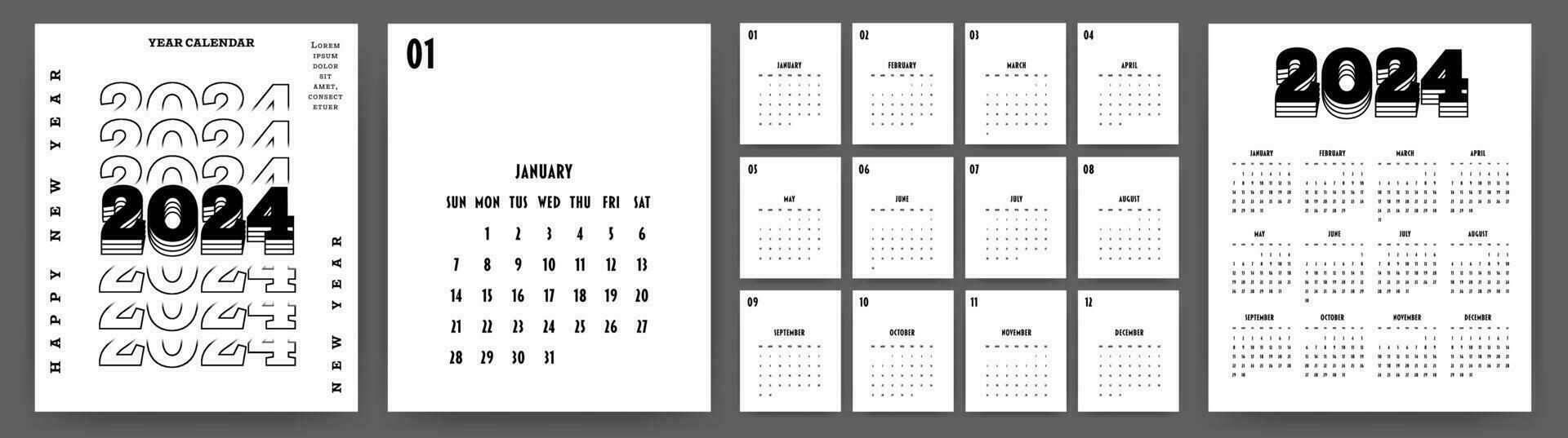 Calendar 2024 year. Week starts on Sunday. Design for planner, printing, stationery, organizer. vector