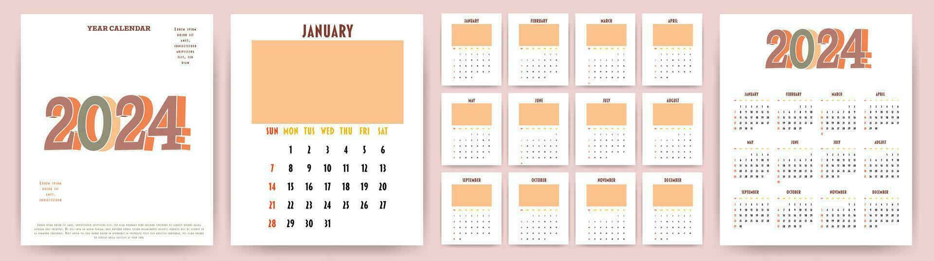 Calendar 2024 year. Week starts on Sunday. Design for planner, printing, stationery, organizer. vector