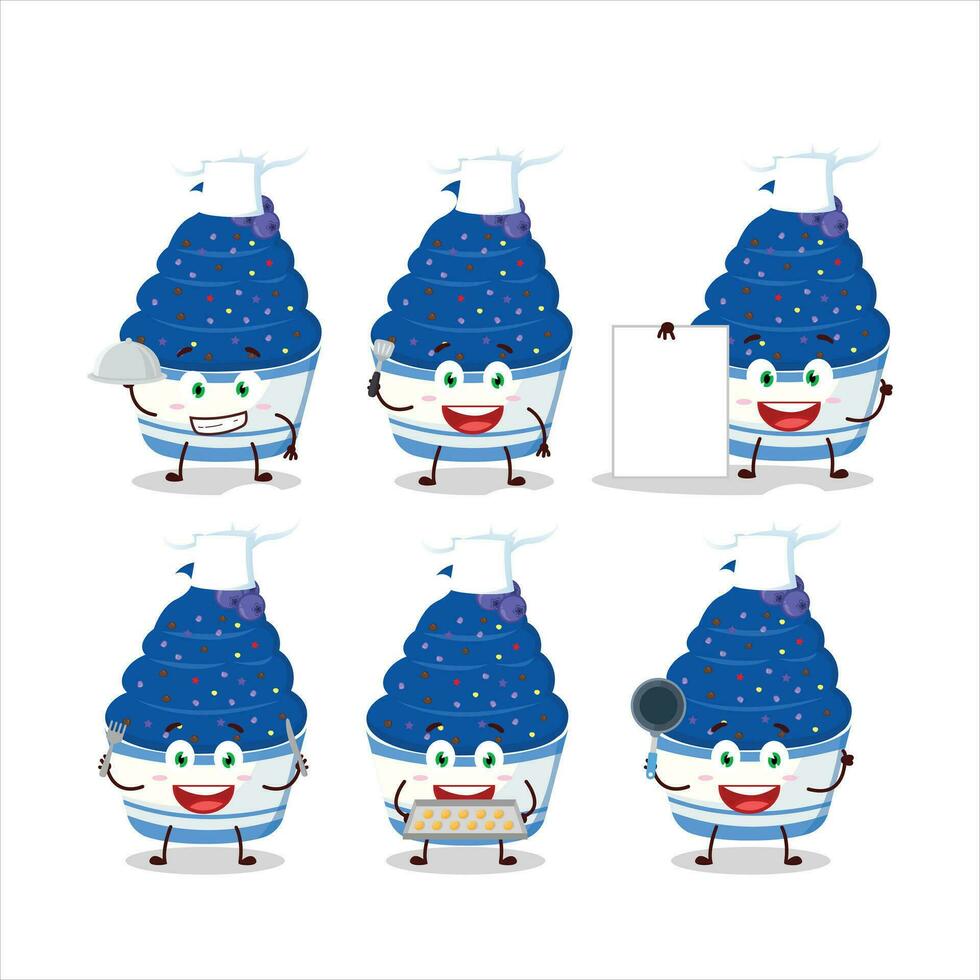 Cartoon character of ice cream blueberry cup with various chef emoticons vector