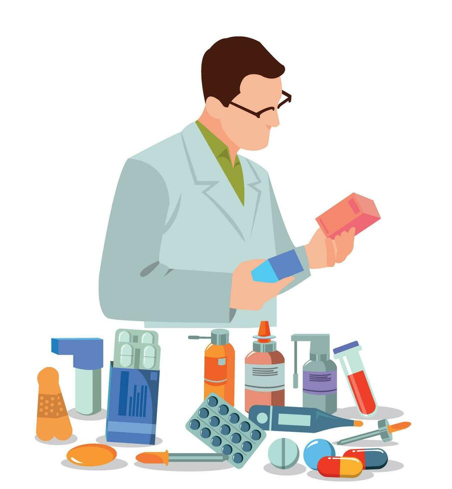 Pharmacy and drugstore concept. Tiny pharmacists presenting drugs, antibiotic pills, vitamin, syringe, bottles. Vector illustration for medication, pharmaceutical store, cure topics
