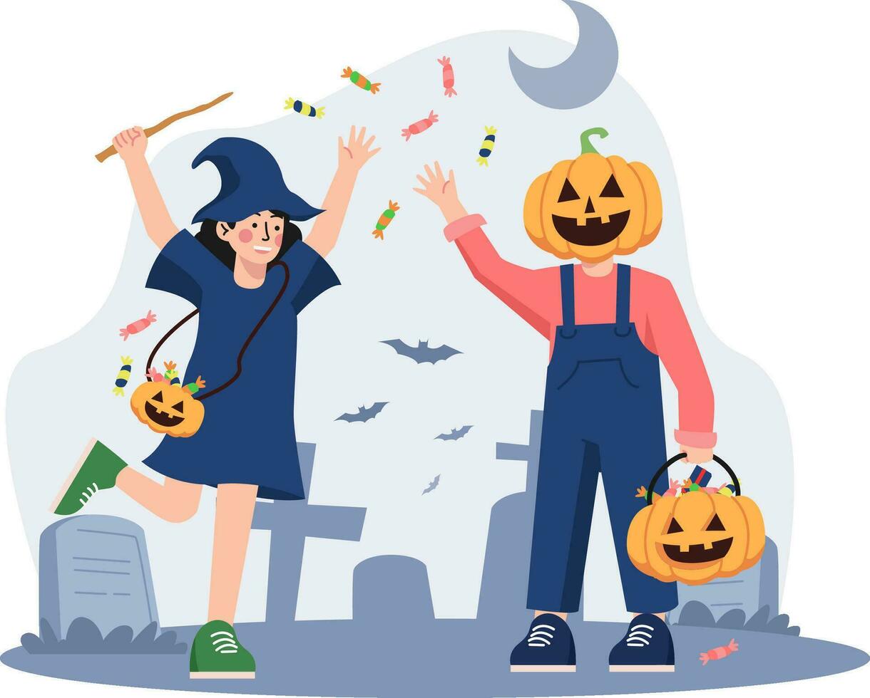 Boy and girl in costume celebrating Halloween vector