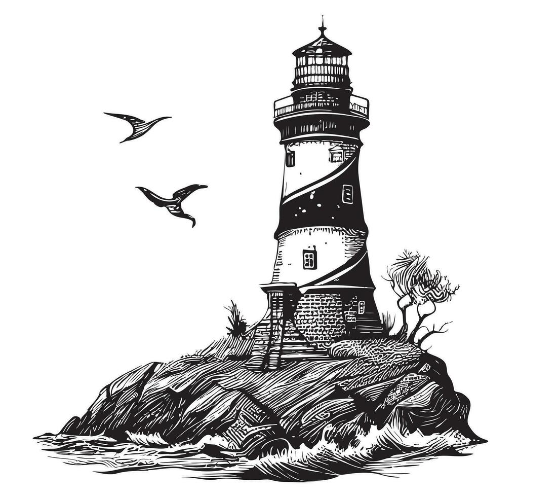 Lighthouse on the seaside sketch hand drawn Vector illustration