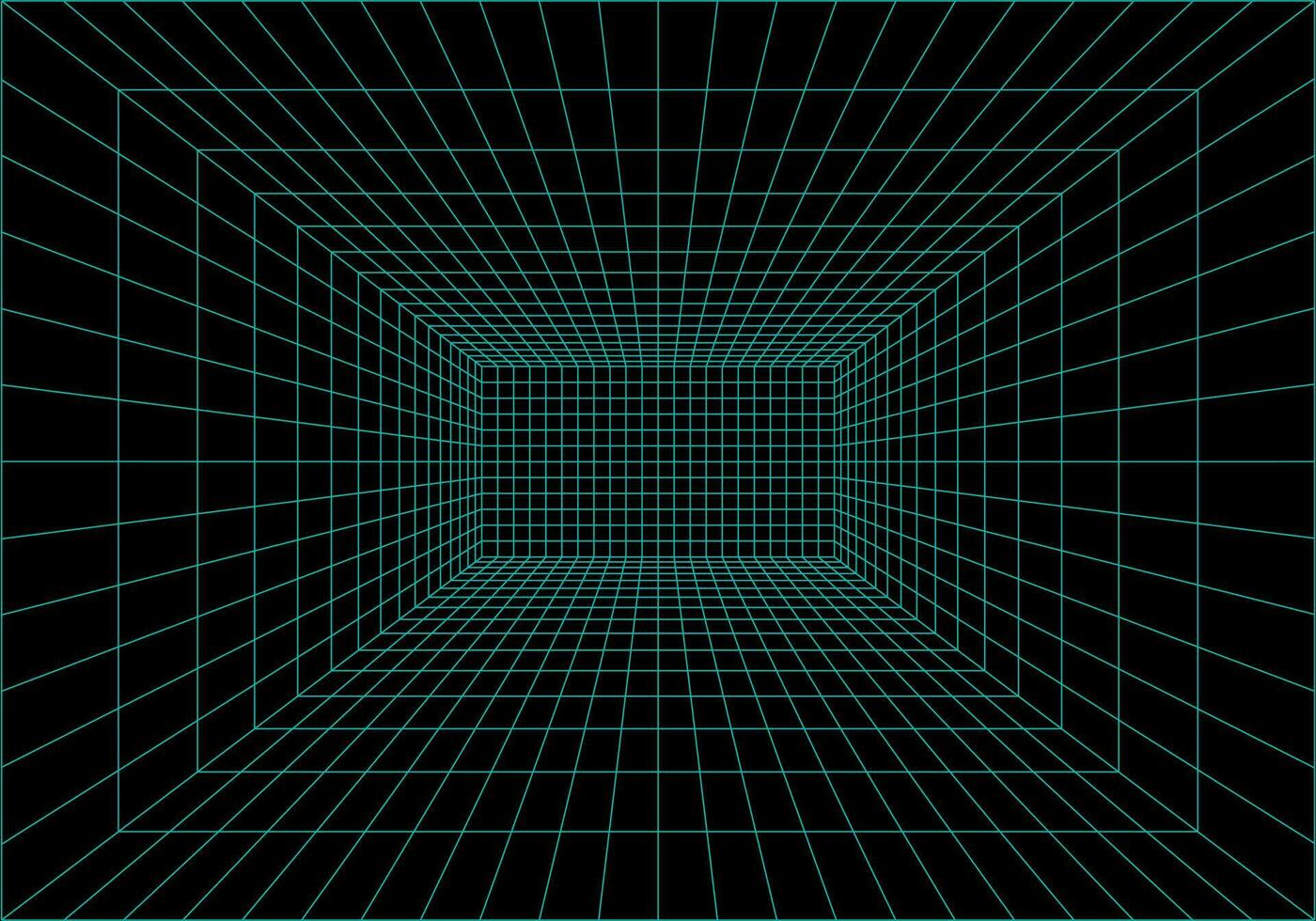 Inside of virtual reality. Interior perspective grid. Wireframe of digital data. Vector