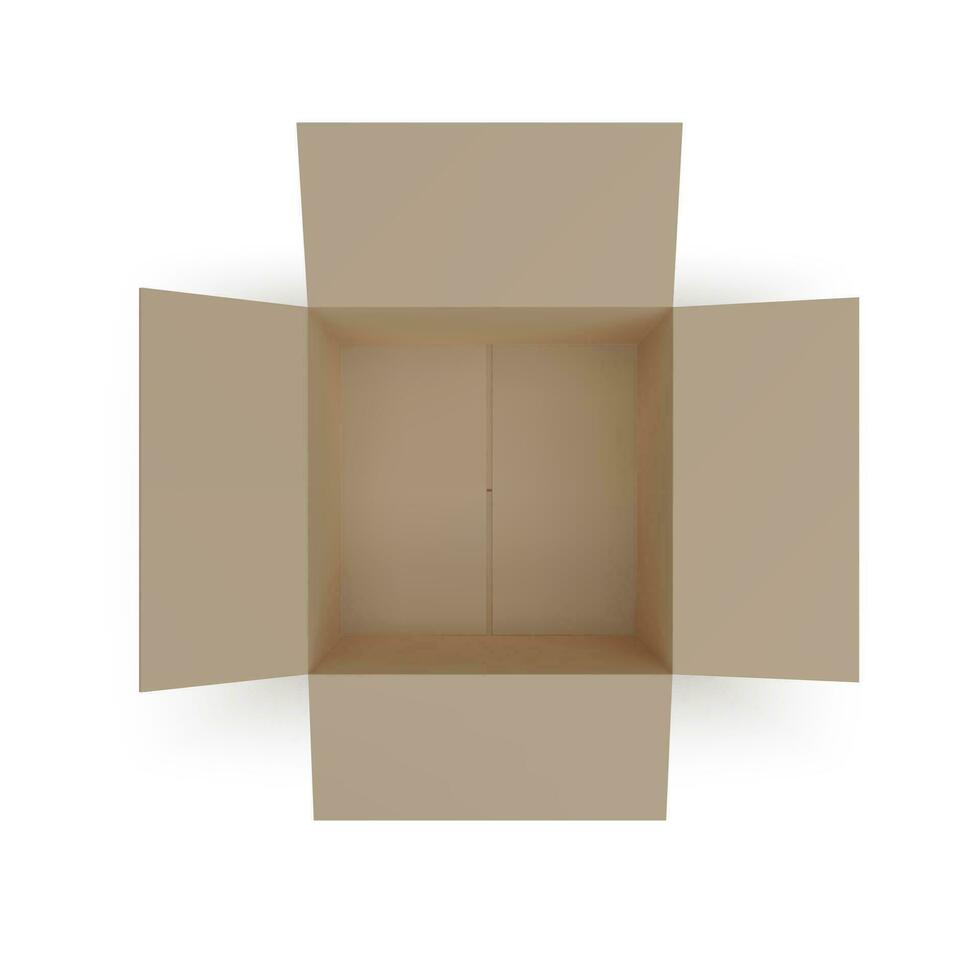 Open isometric box top view. paper parcel. Realistic carton. Vector illustration