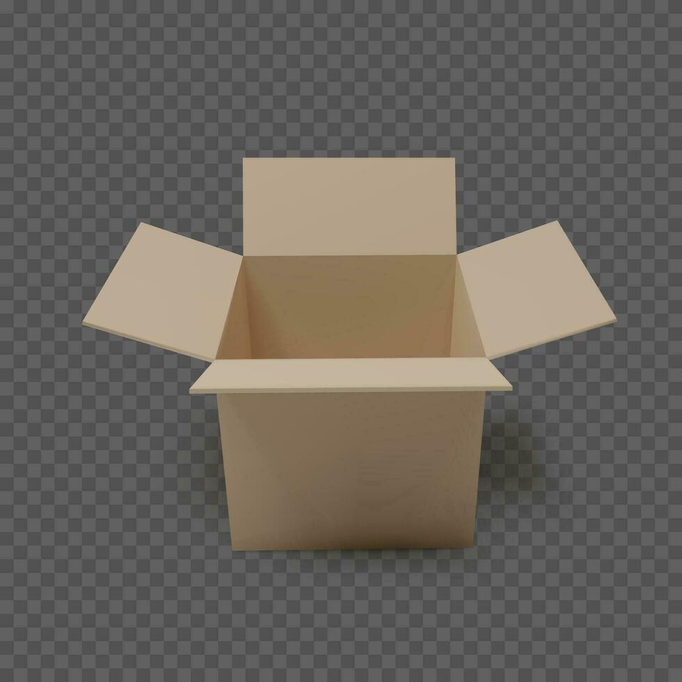 Open box front view. Empty paper parcel. realistic carton. Vector illustration