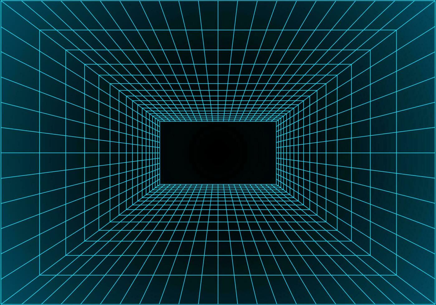 Virtual reality building inside structure. Perspective grid of empty studio. Matrix data visualization. Vector