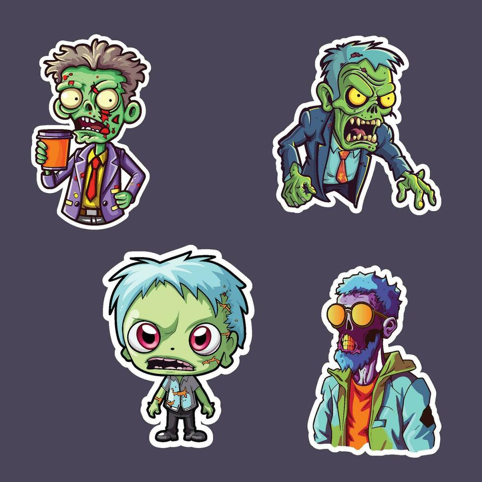 zombi pegatina recopilación, cuatro diferente expresivo zombi diseños vector