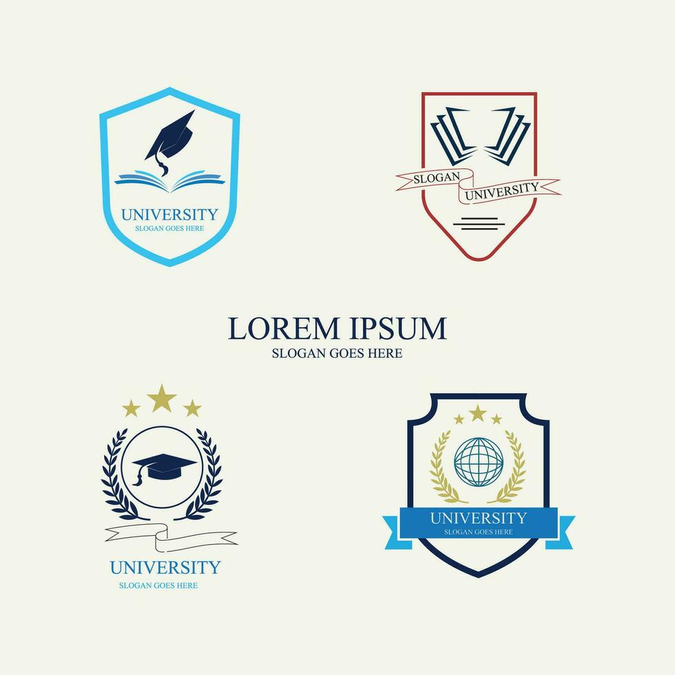 University and academy vector icons. Emblems or shields set for high school education graduates in maritime science, or law. Ribbons and badges of bachelor hat, laurel wreath, Vector Logo Template