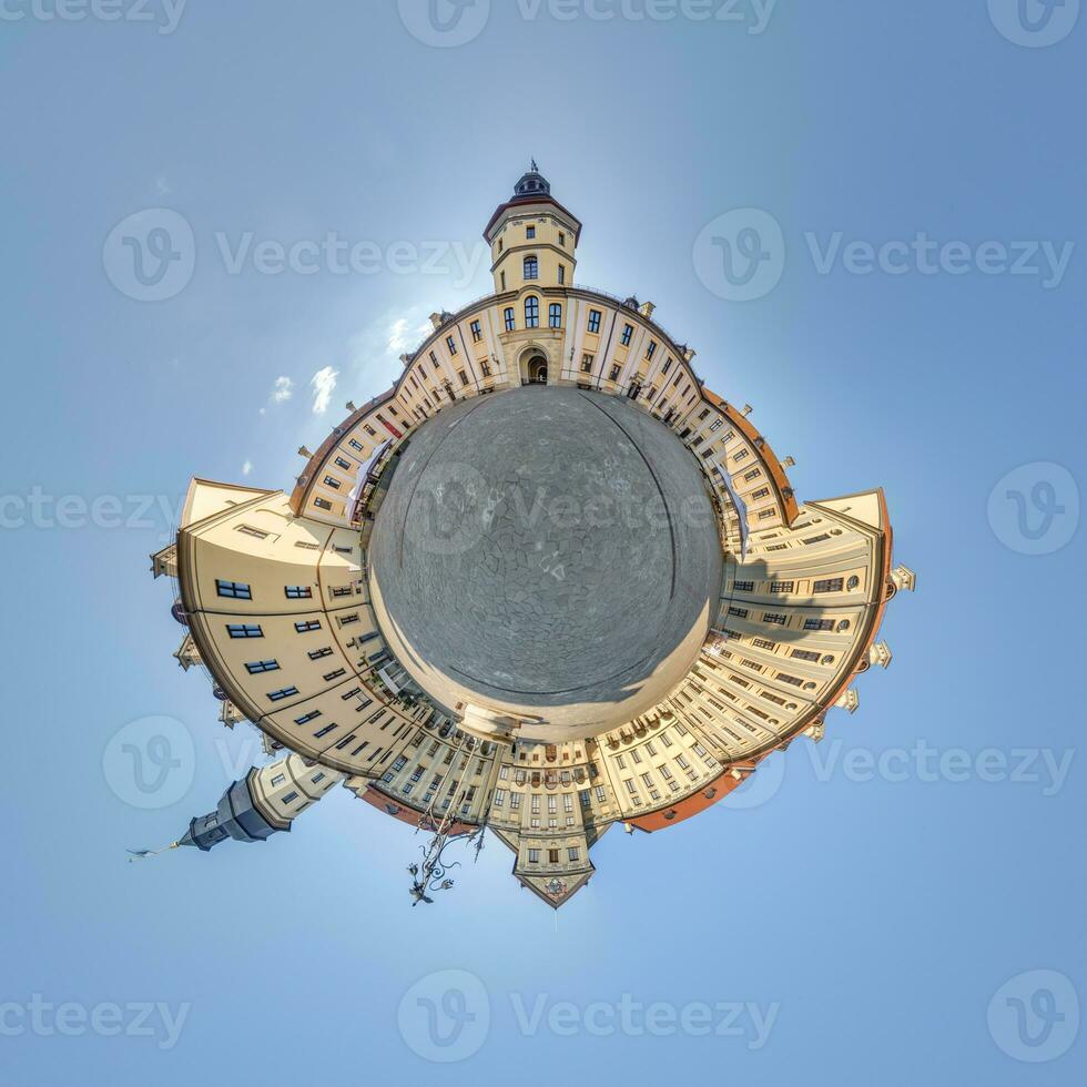 little planet and spherical aerial 360 panorama view on street ancient medieval castle with church and historic buildings with columns photo