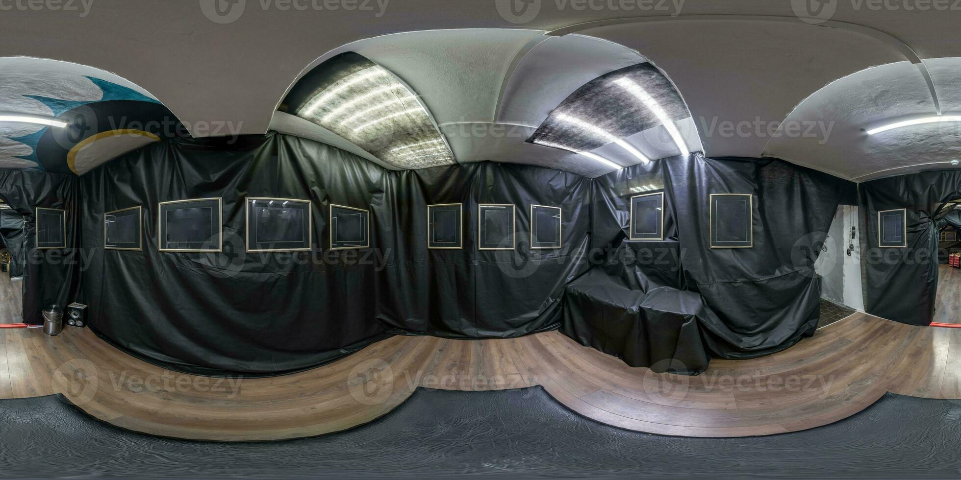 full seamless spherical hdri panorama 360 degrees in interior of empty black room or gallary with spotlights and empty frame on walls in equirectangular projection. VR AR concept photo