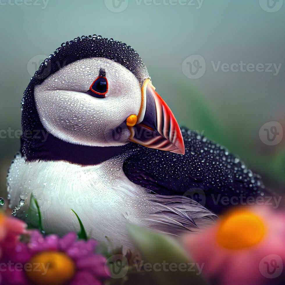 The intricate patterns of the Atlantic Puffin's plumage shine in close-up ,AI Generated photo