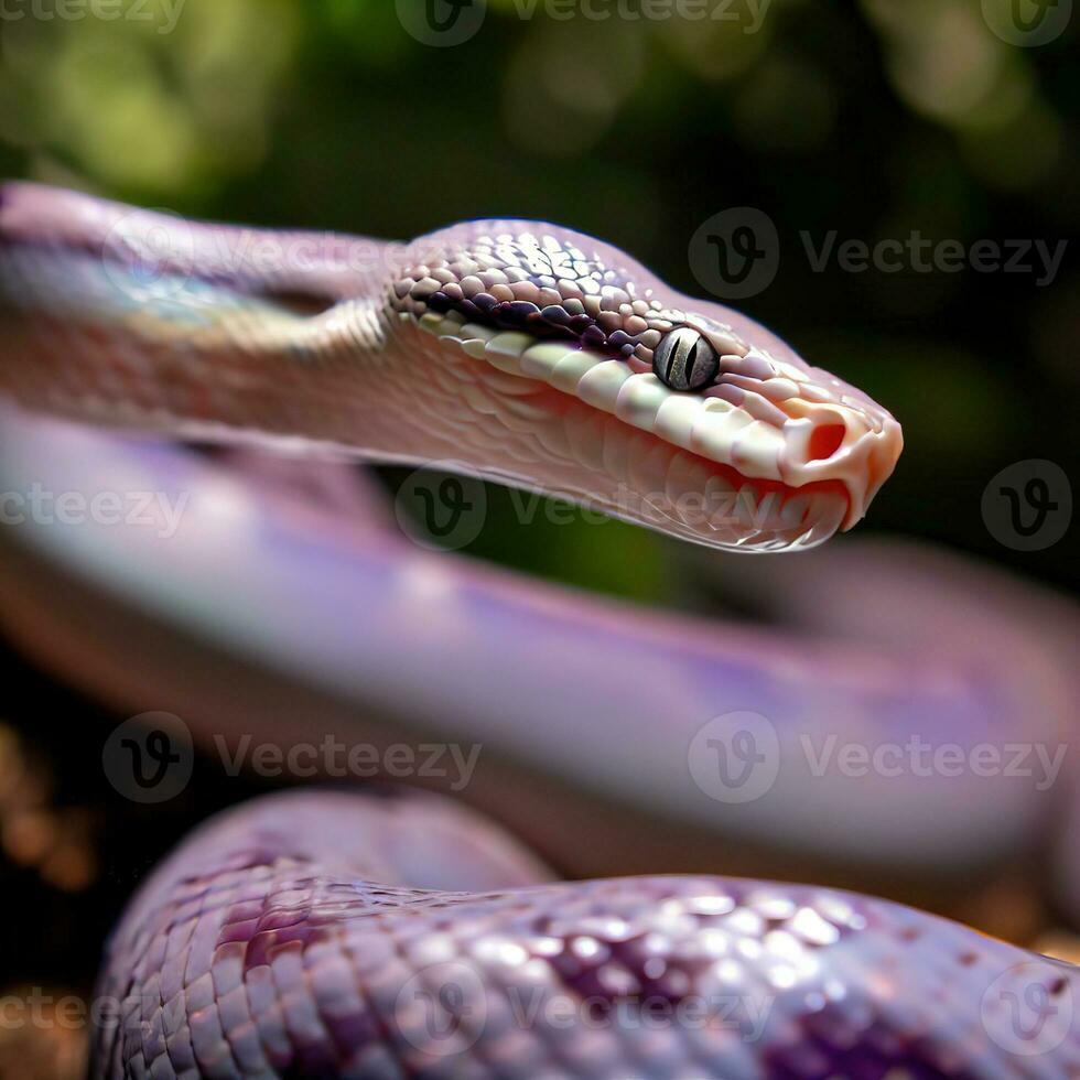 un púrpura serpiente con sus lengua abierto ,ai generado foto