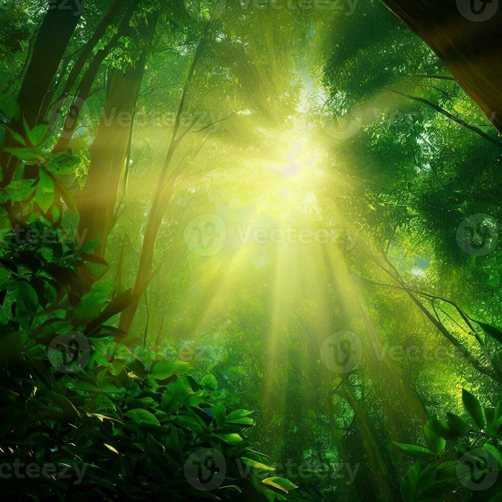 Sunlight dances through the trees, painting the forest floor with light and shadow ,AI Generated photo