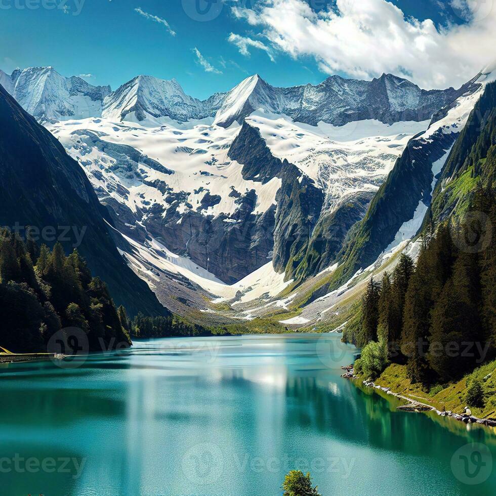 lake Around mountain tree, beautiful valley around mountains ,AI Generated photo