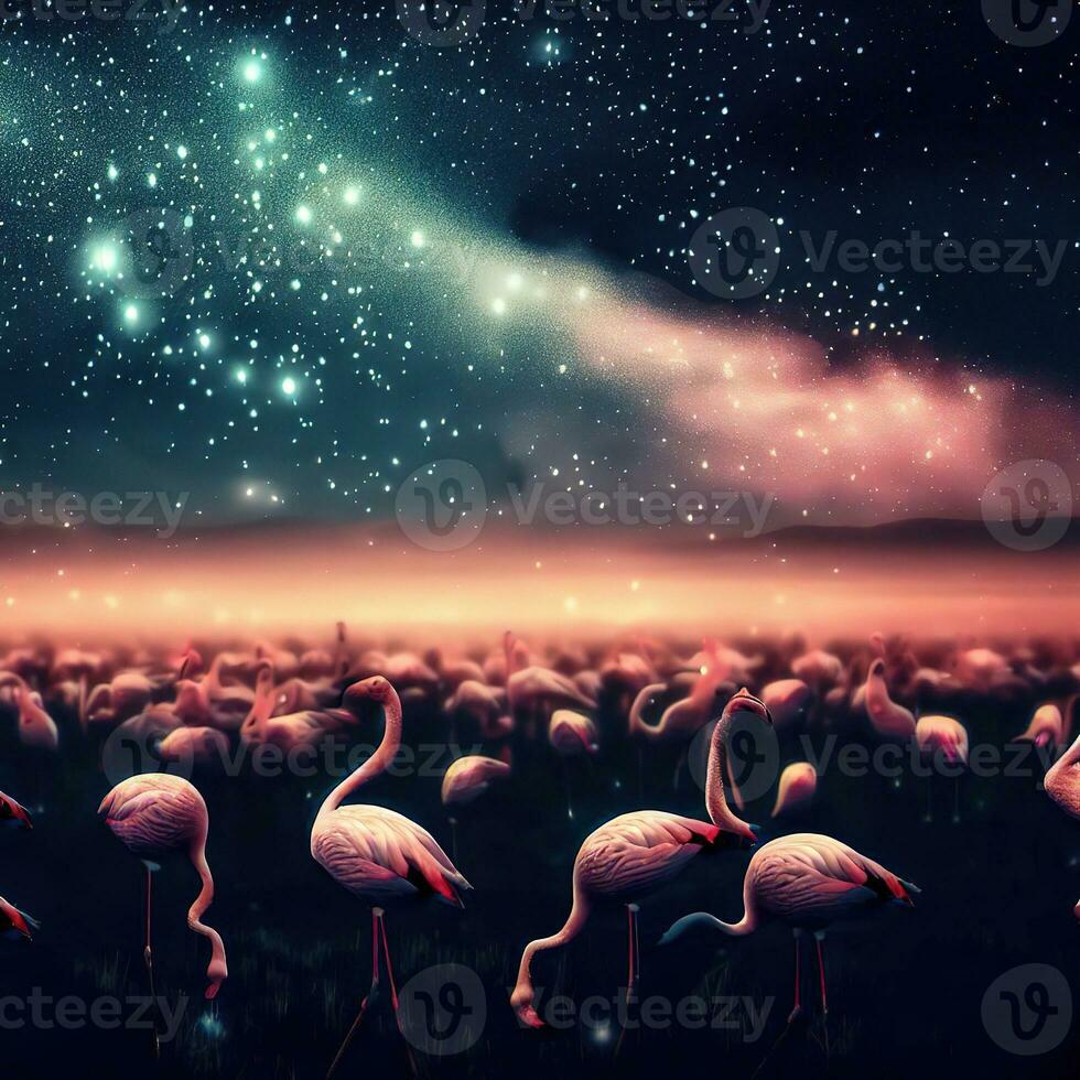 Enchanting Scene of Flamingos and the Milky Way ,AI Generated photo
