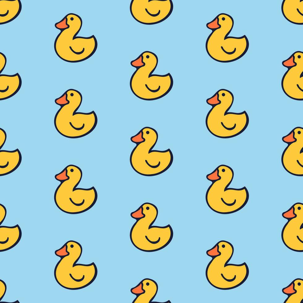 Cute cartoon seamless pattern with duck on blue background. Design with birds for kids. Vector tile for fabric, print, wrapper, textile. Funny duckling in flat style.
