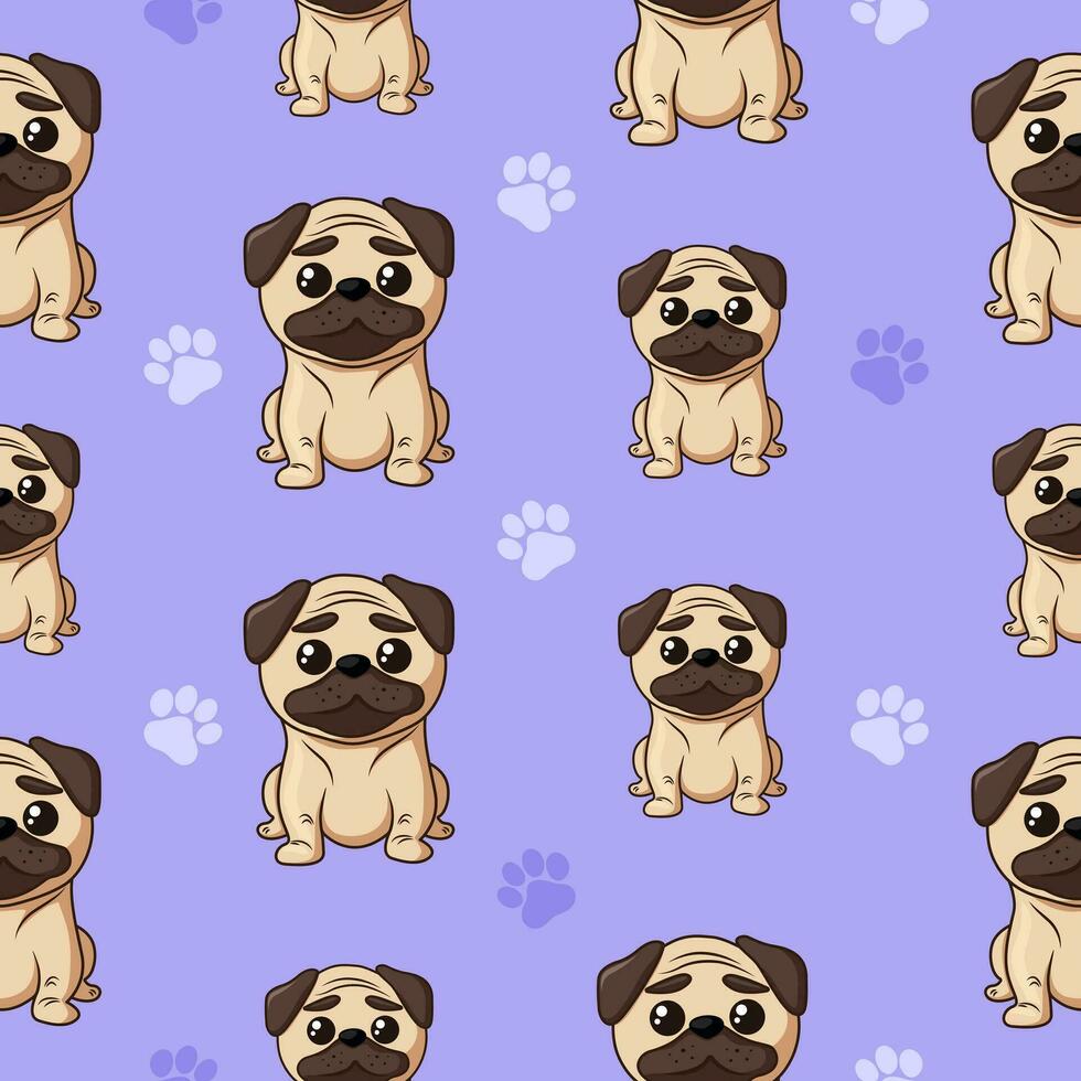 linda dibujos animados sin costura modelo con doguillo en Violeta antecedentes. diseño con perrito para niños. vector loseta para tela, imprimir, envoltura, textil. gracioso pugs y patas en plano estilo.