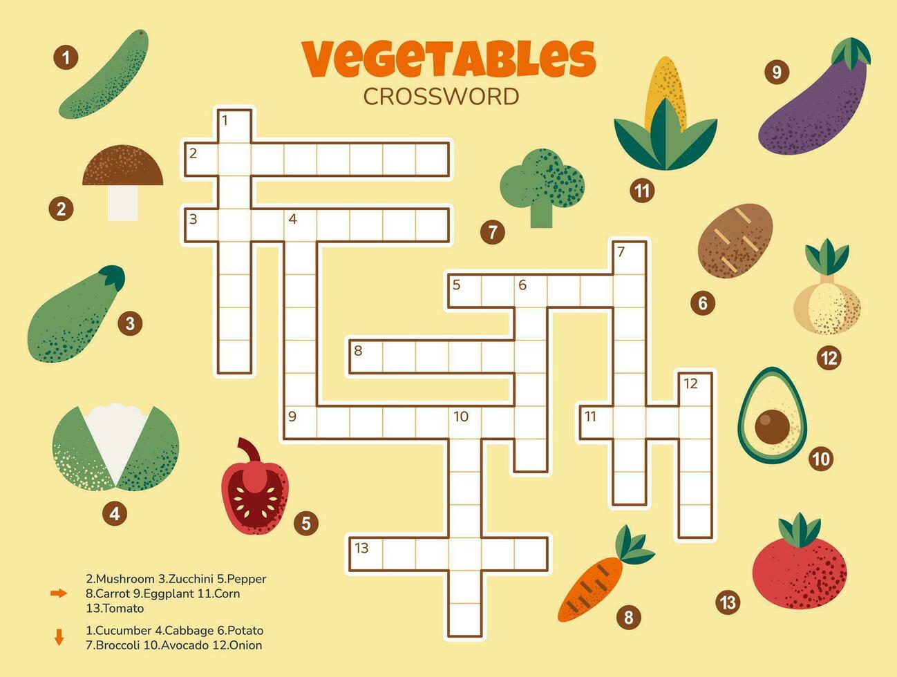 Crossword puzzle for kids. Simple quiz with vegetables for children. Educational activity. English language. Horizontal Cartoon crossword with answer. Vector illustration.