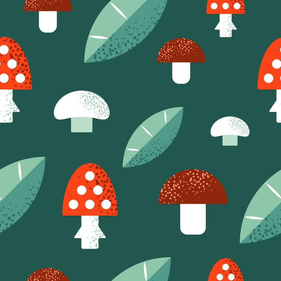 Seamless pattern with mushroom. Various colored mushrooms and leaves on green background. Vector design for fabric, print, wrapper, textile. Fly agaric, champignon, porcini mushroom. Cartoon style.