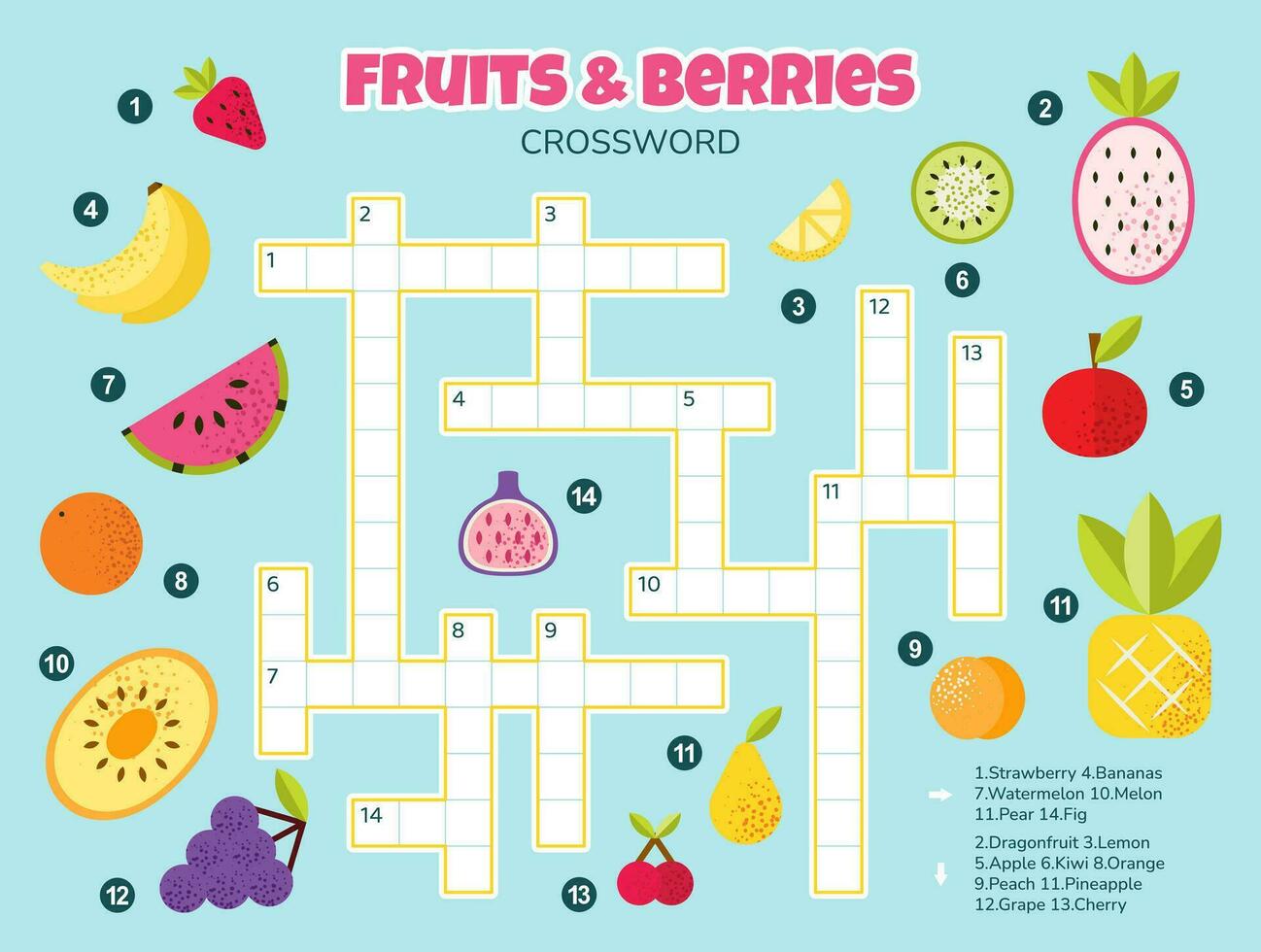 Crossword puzzle for kids. Simple quiz with fruits and berries for children. Educational activity. English language. Horizontal Cartoon crossword with answer. Vector illustration.