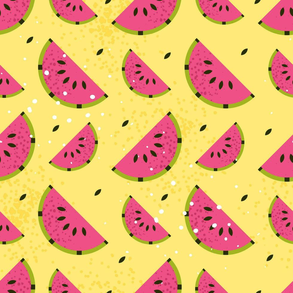 Seamless pattern with watermelon. Tropical print with fruits on yellow backdrop. Colorful geometric pattern. Vector repeat background for colorful summer fabric.