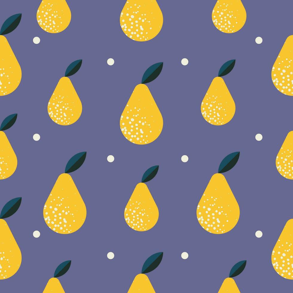 Seamless pattern with pear. Cute print with fruits on violet backdrop. Colorful geometric pattern with pears. Vector design for fabric, print, wrapper, textile. Cartoon flat style.