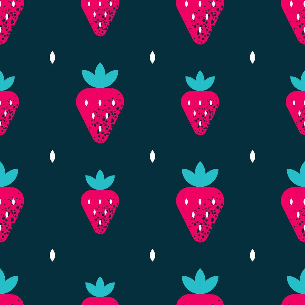 Seamless pattern with strawberry. Tropical print with berries on dark backdrop. Colorful geometric pattern. Vector design for fabric, print, wrapper, textile. Cartoon flat style.
