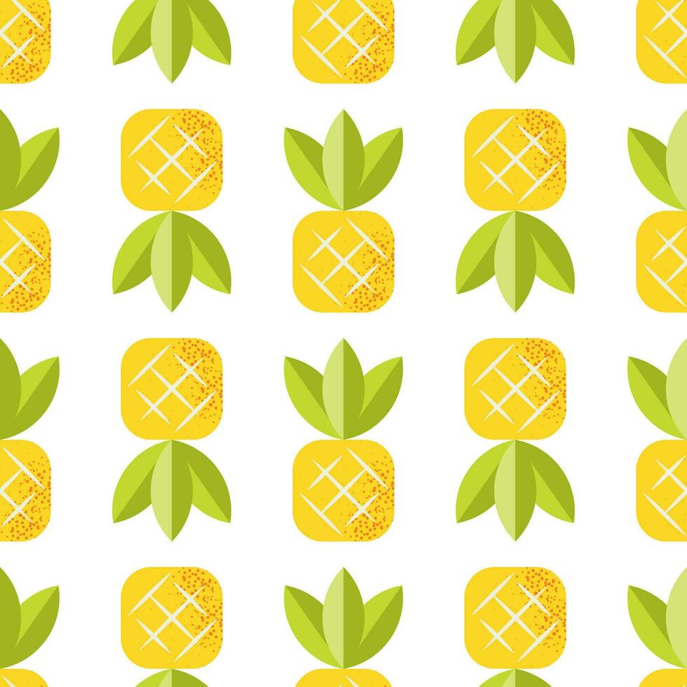 Seamless pattern with pineapple. Tropical print with fruits on white backdrop. Colorful geometric pattern. Vector repeat background for colorful summer fabric.