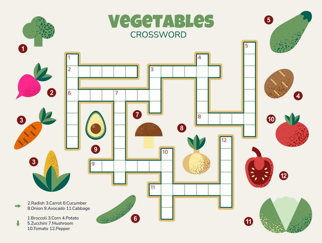 Crossword puzzle for kids. Simple quiz with vegetables for children. Educational activity. English language. Horizontal Cartoon crossword with answer. Vector illustration.