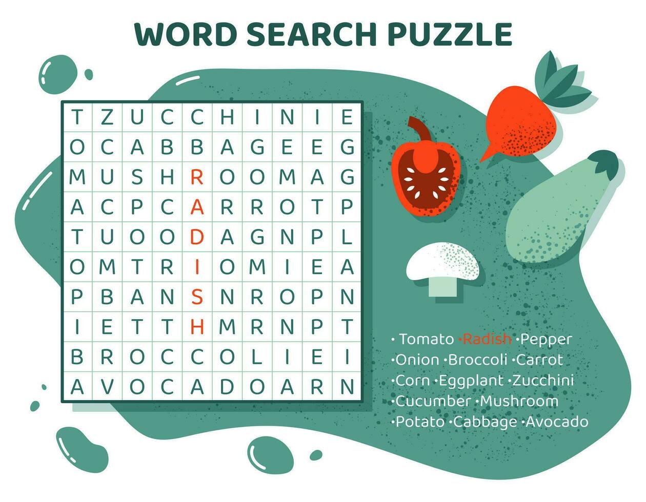 Word search puzzle with vegetables. Education game for children. Task for kids. Colorful crossword for Learning English language. Cartoon spelling puzzle. Test for kids. Vector illustration.