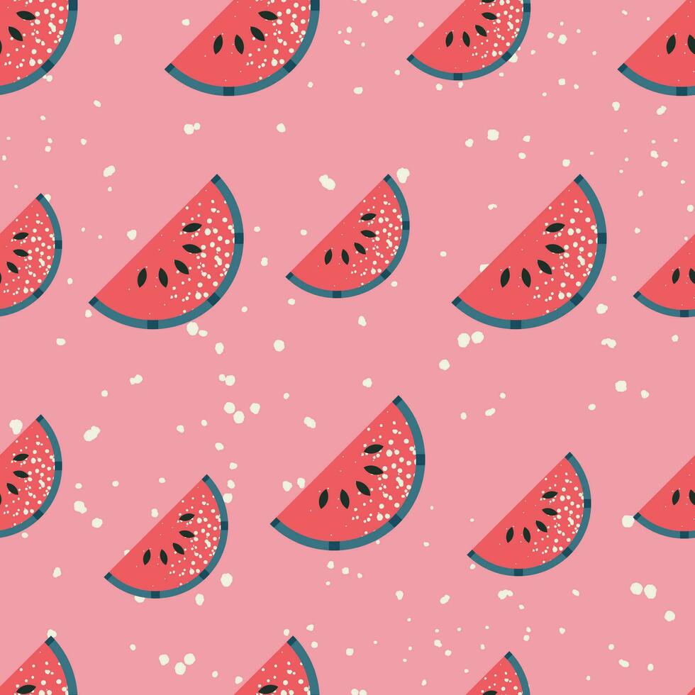 Seamless pattern with watermelon. Tropical print with fruits on pink backdrop. Colorful geometric pattern. Vector design for fabric, print, wrapper, textile. Cartoon flat style.