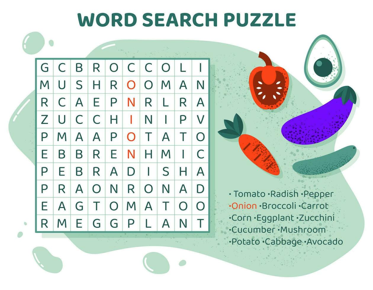 Word search puzzle with vegetables. Education game for children. Task for kids. Colorful crossword for Learning English language. Cartoon spelling puzzle. Test for kids. Vector illustration.