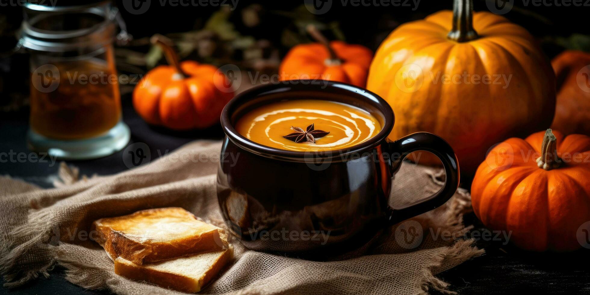 Ai. Pumpkin soup in a bowl with autumn leaves and pumpkins on a dark background. View from above. photo