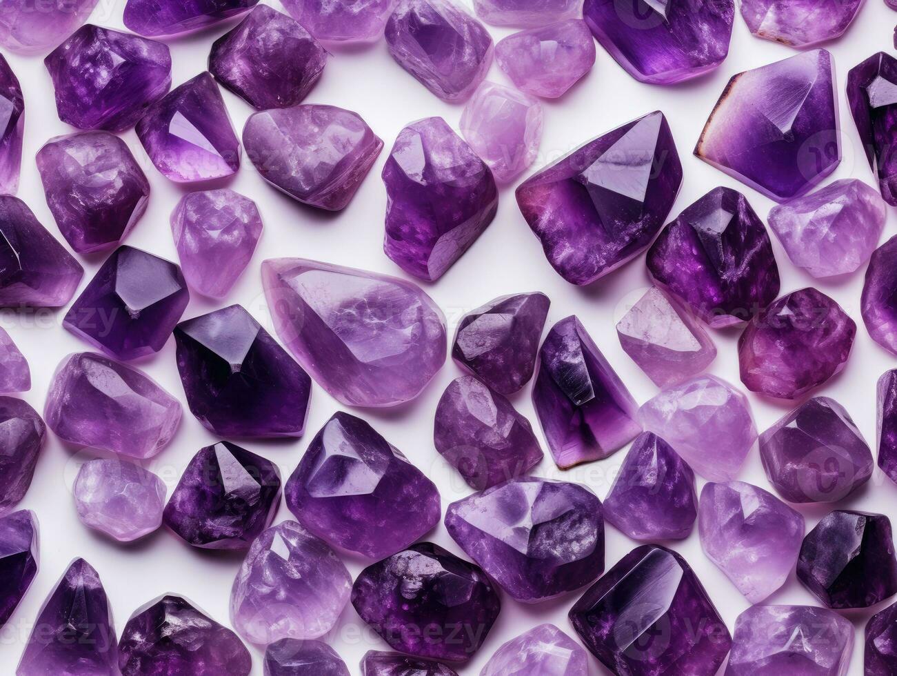 Amethyst crystals on a white background. view from above. flat layout. ai generation photo