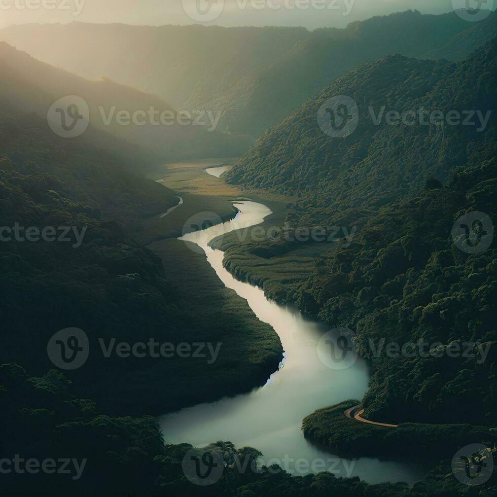 el genial Neel río tejidos sus camino mediante el asombroso paisaje ,ai generado foto