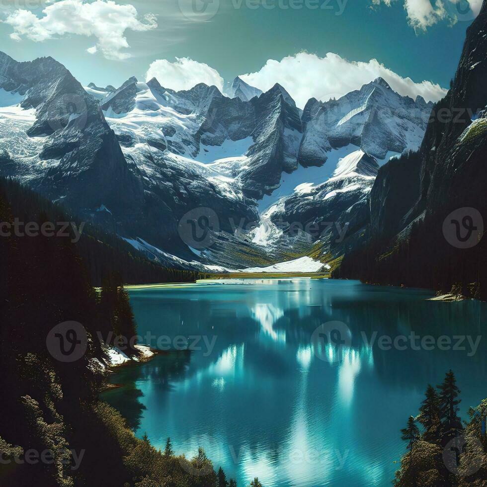 lake Around mountain tree, beautiful valley around mountains ,AI Generated photo