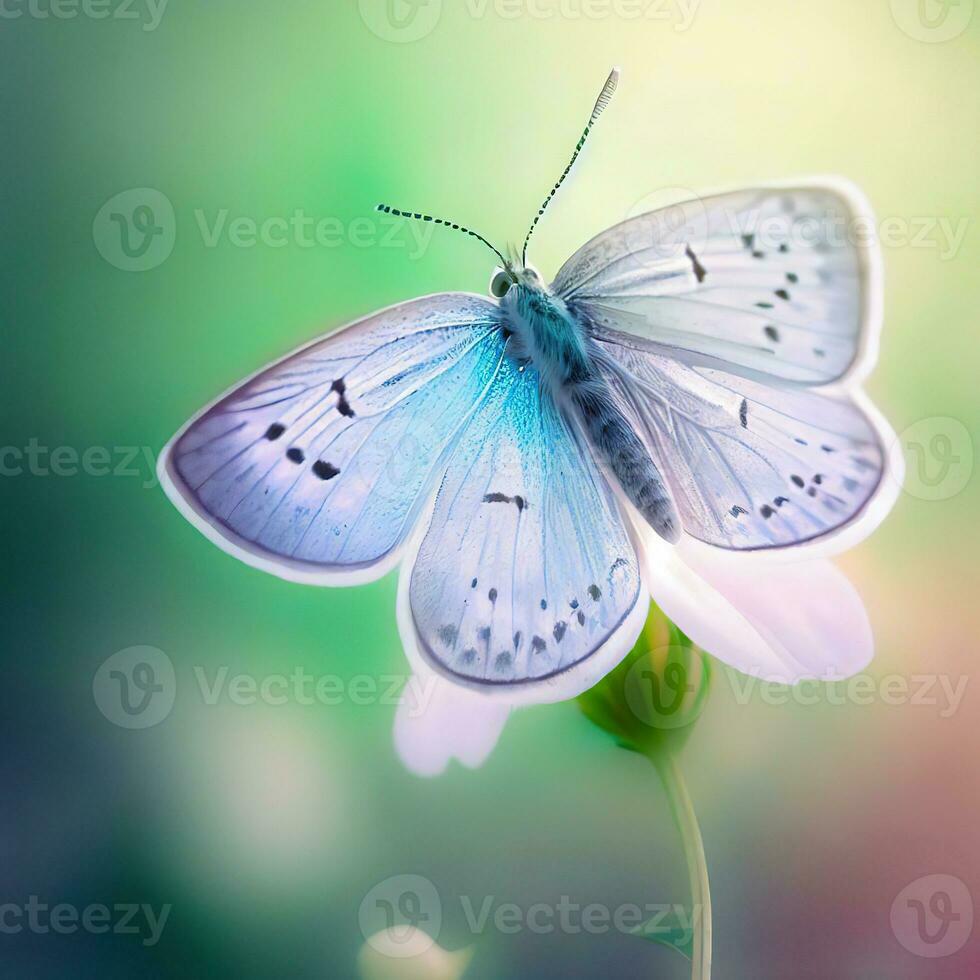 un blanco mariposa encuentra serenidad en un vibrante flor silvestre ,ai generado foto