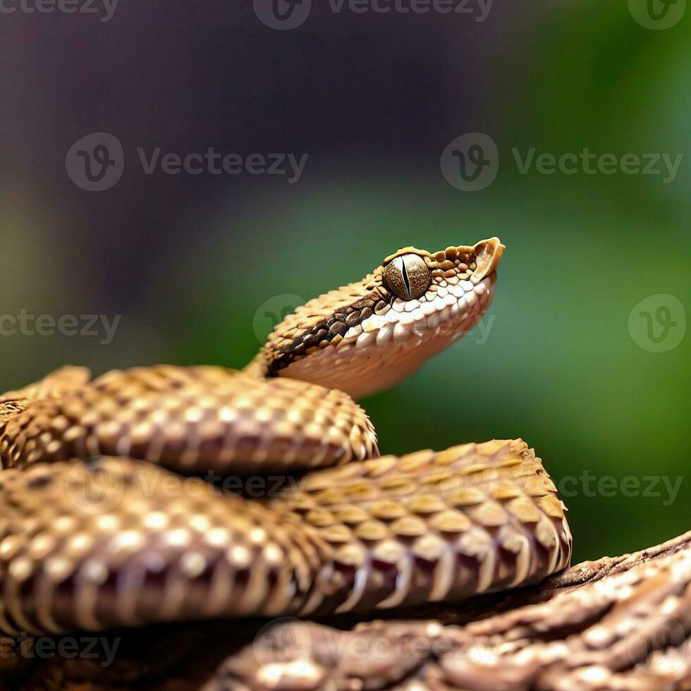 un pozo víbora descansa silenciosamente, enroscado y listo, esperando para sus presa a Acercarse ,ai generado foto