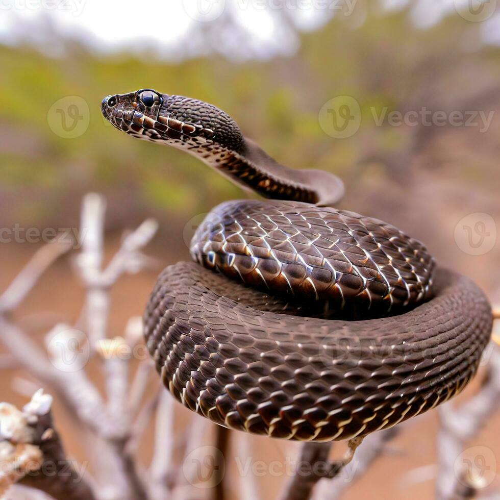 capturar el enigmático presencia de el encaramado negro tipo de serpiente venenosa en macro ,ai generado foto