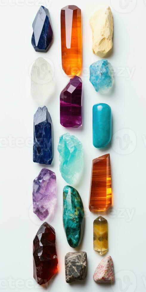 Colorful crystal bars on white background. Geology concept. ai generation photo