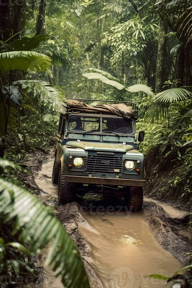 A jungle Safari Jeep in the forest muddy off road ,AI Generated photo