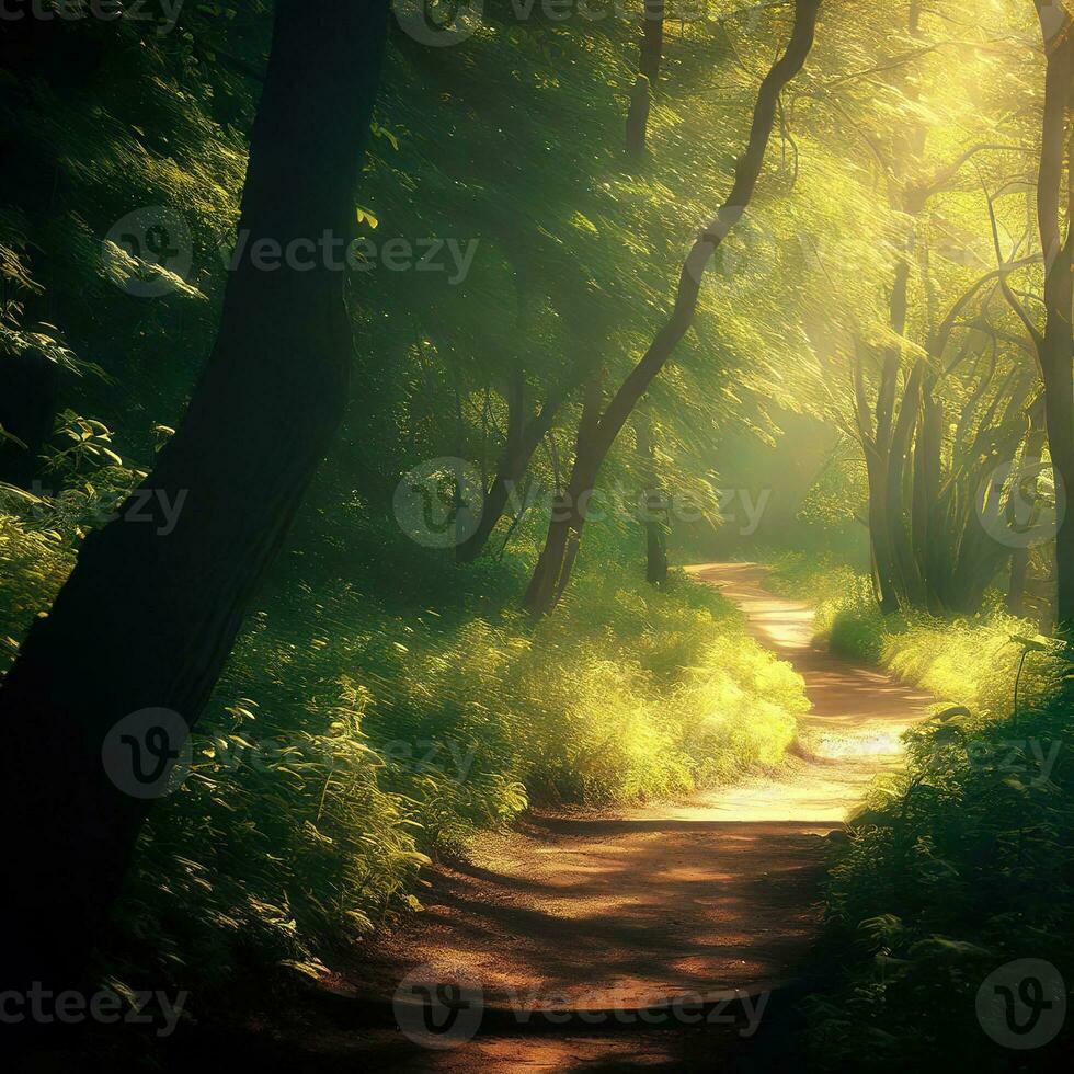 Sunbeams filter through the dense foliage, lighting the way on the forest path ,AI Generated photo