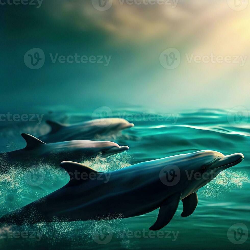 Spinner Dolphins Surface in a Shimmering Display ,AI Generated photo