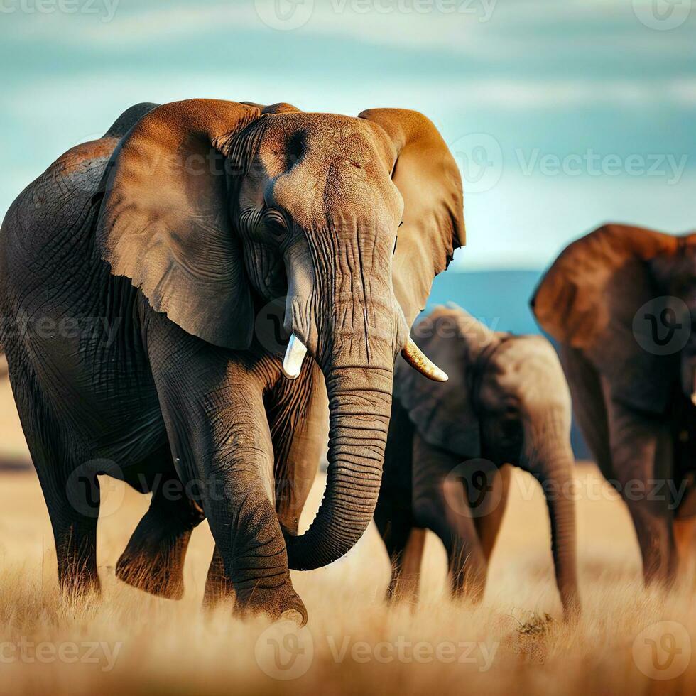 A group of elephants moves gracefully across the savannah ,AI Generated photo