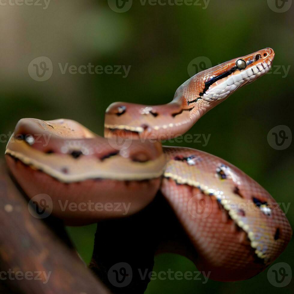 un de cerca de el real reticular pitón encaramado en serenidad ,ai generado foto