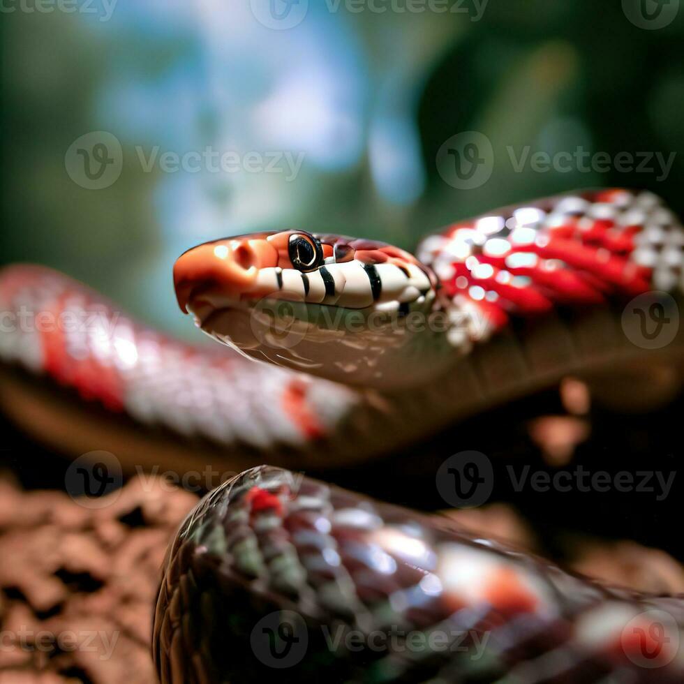 The Sinoloan Milk Snake's bold red, black, and white bands create a captivating contrast ,AI Generated photo