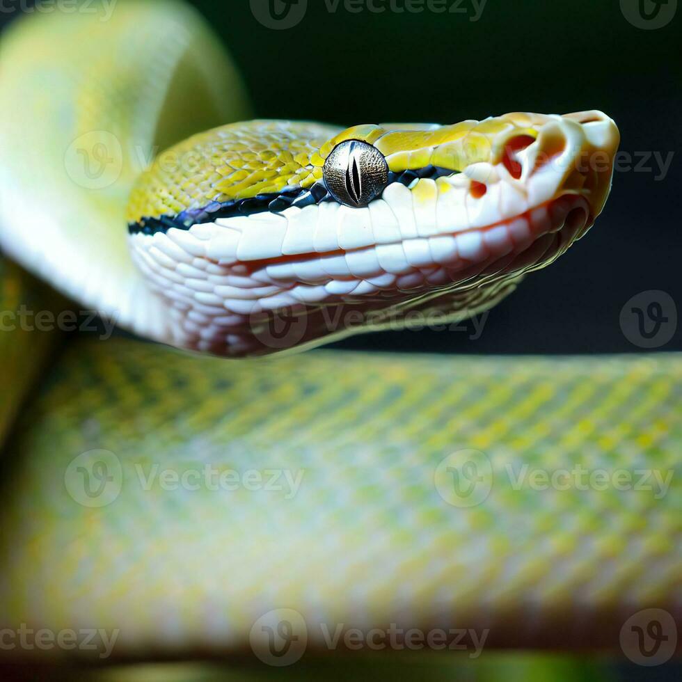 A close-up view of the Green Tree Python showcases its vivid green color ,AI Generated photo