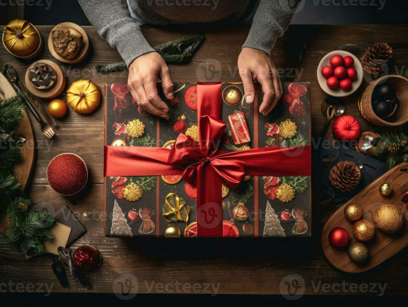 AI generation. Hands of adult are wrapping Christmas present in wrapping paper with ribbon. photo